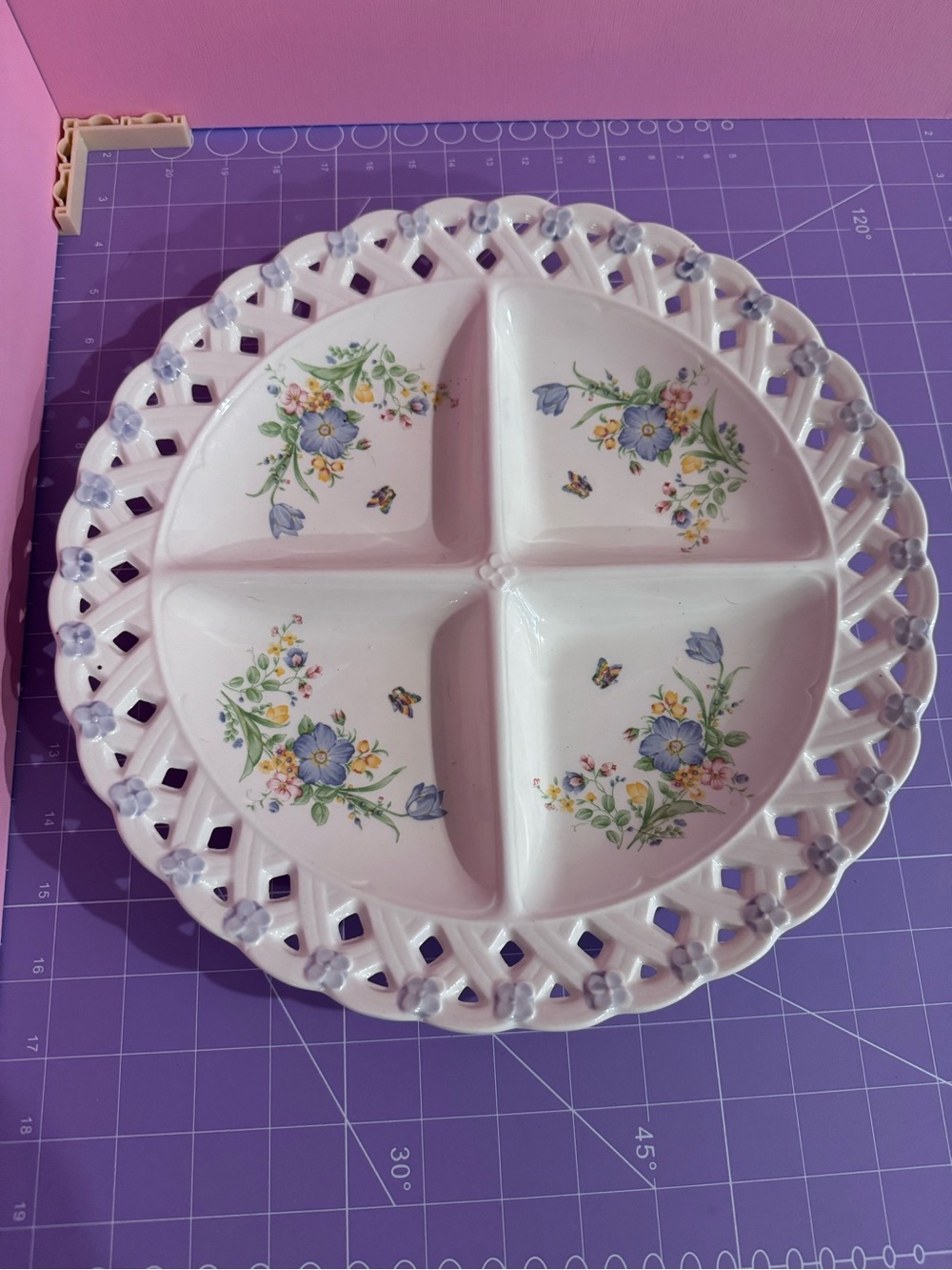 Tosho Japan fine China Flower Lattice Open Work divided serving platter